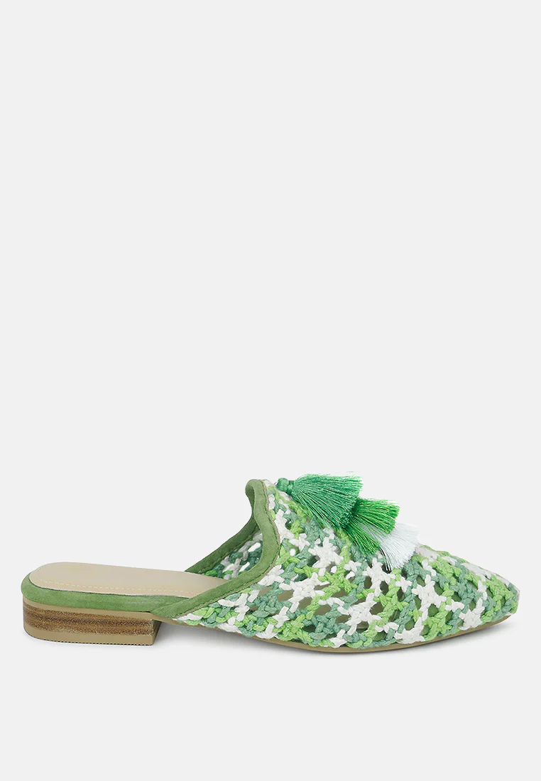 MARIANA Green Woven Flat Mules With Tassels - Image 2
