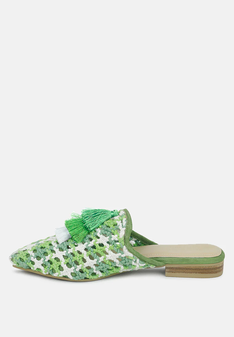 MARIANA Green Woven Flat Mules With Tassels - Image 4