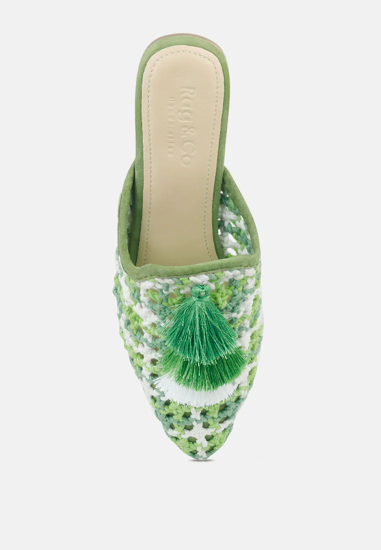 MARIANA Green Woven Flat Mules With Tassels - Image 6