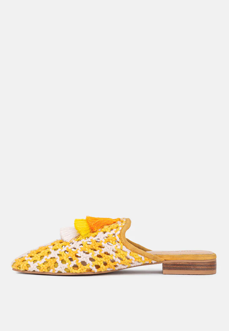 MARIANA Yellow Woven Flat Mules With Tassels - Image 4