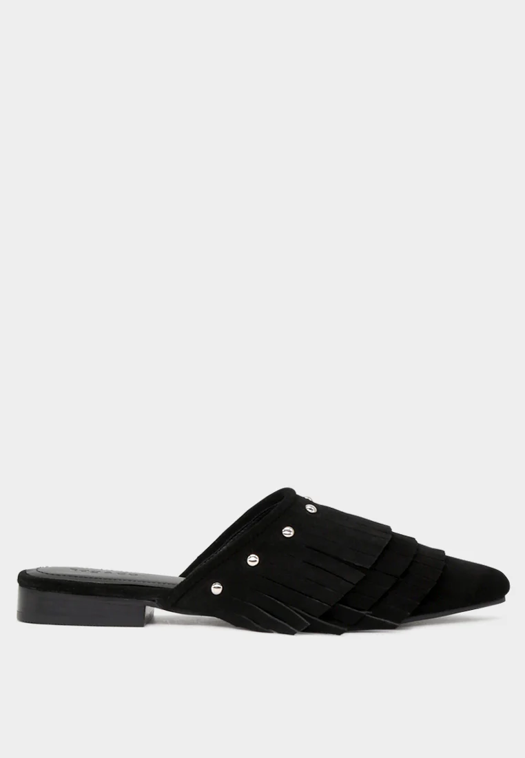 MARISSA Black Suede Fringe Mules - Image 2