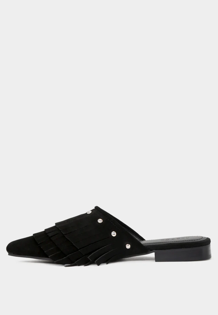 MARISSA Black Suede Fringe Mules - Image 4