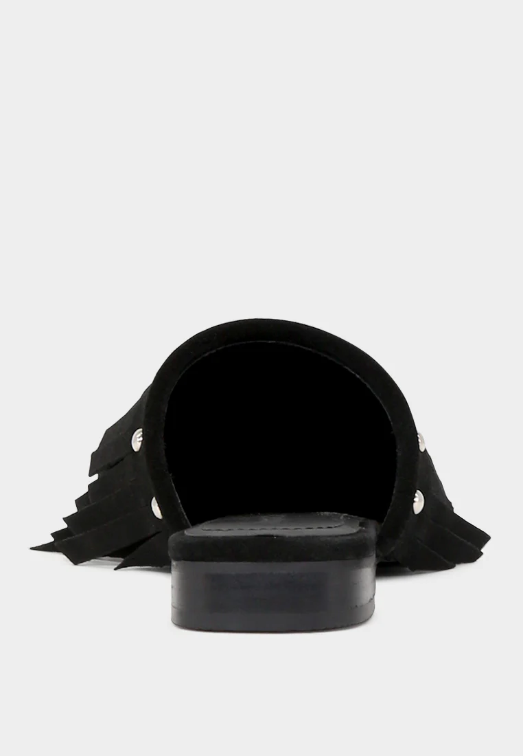 MARISSA Black Suede Fringe Mules - Image 5