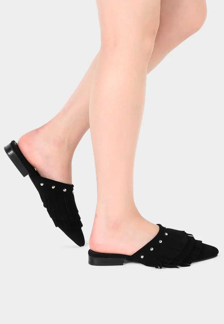 MARISSA Black Suede Fringe Mules - Image 7