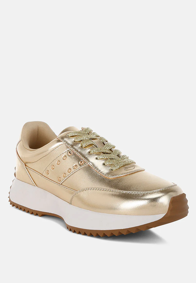 Mujori Metallic Pleather Studded Sneakers - Image 2