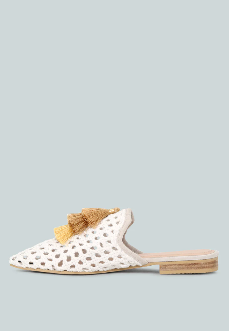 MIRIAM White Woven Metallic Tassel Flat Mules - Image 4