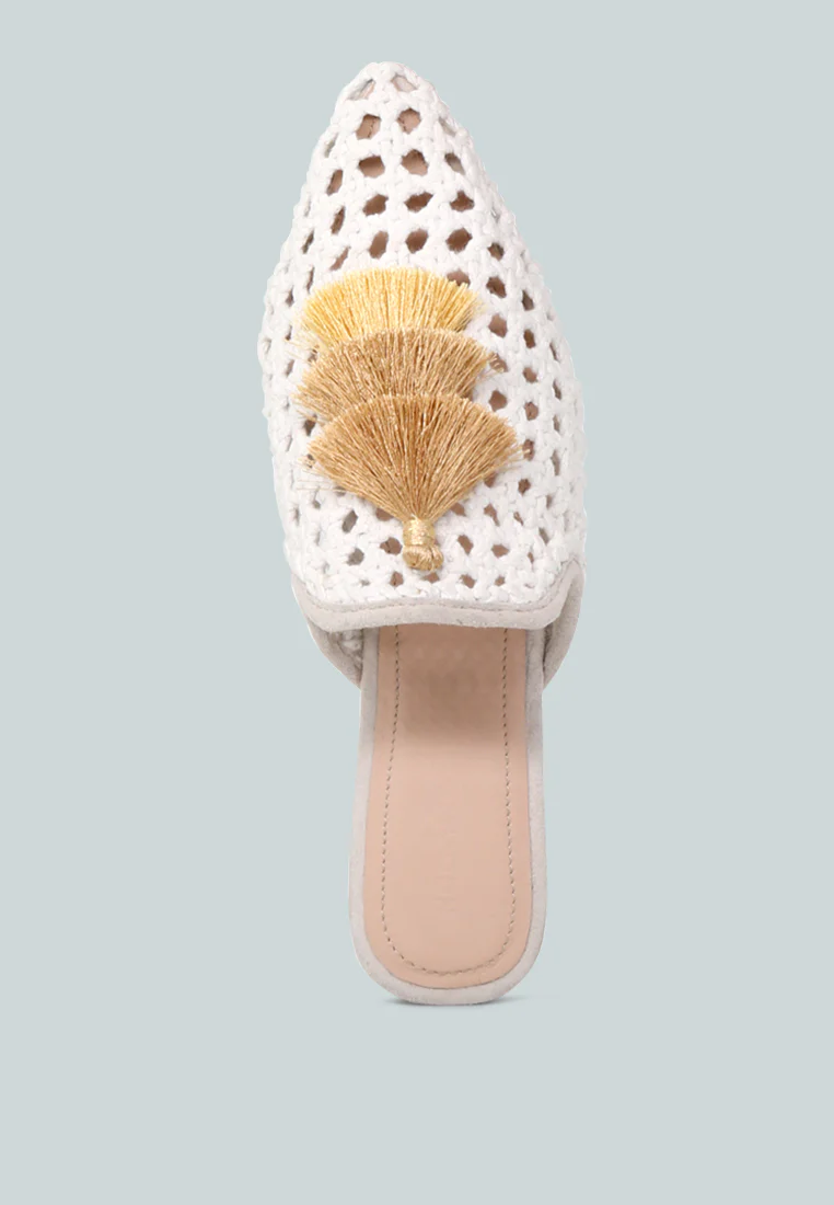 MIRIAM White Woven Metallic Tassel Flat Mules - Image 6