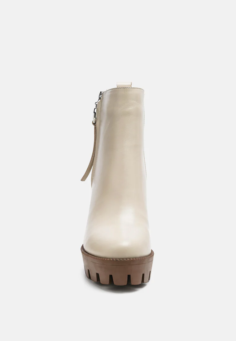 MISTRESS High Block Heeled Chunky Leather Boot in Beige - Image 3