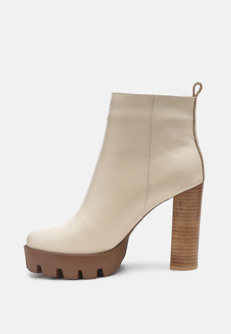 MISTRESS High Block Heeled Chunky Leather Boot in Beige - Image 4
