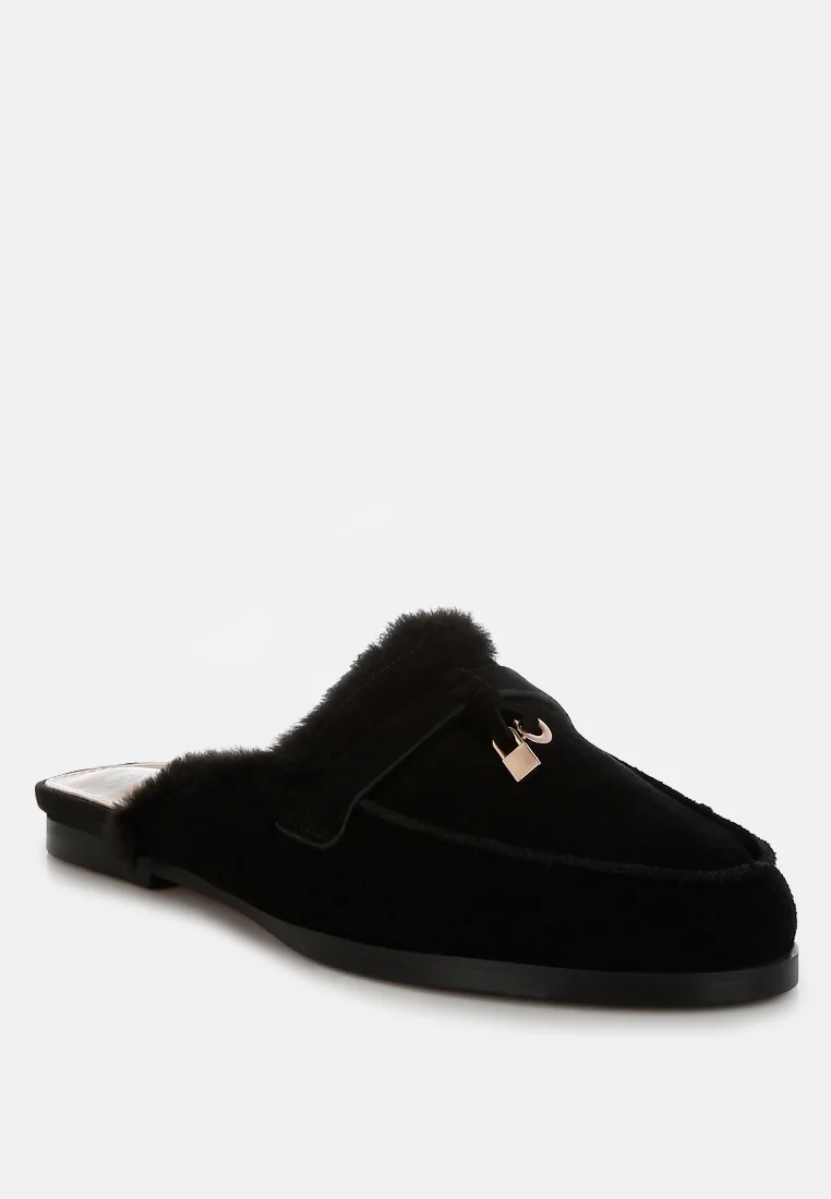 Bosnia Real Suede Leather & Faux Fur Slip On Mules - Image 2