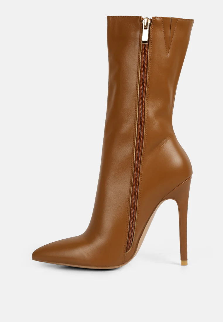 NAGINI Over Ankle Pointed Toe High Heeled Boot in Tan - Image 4