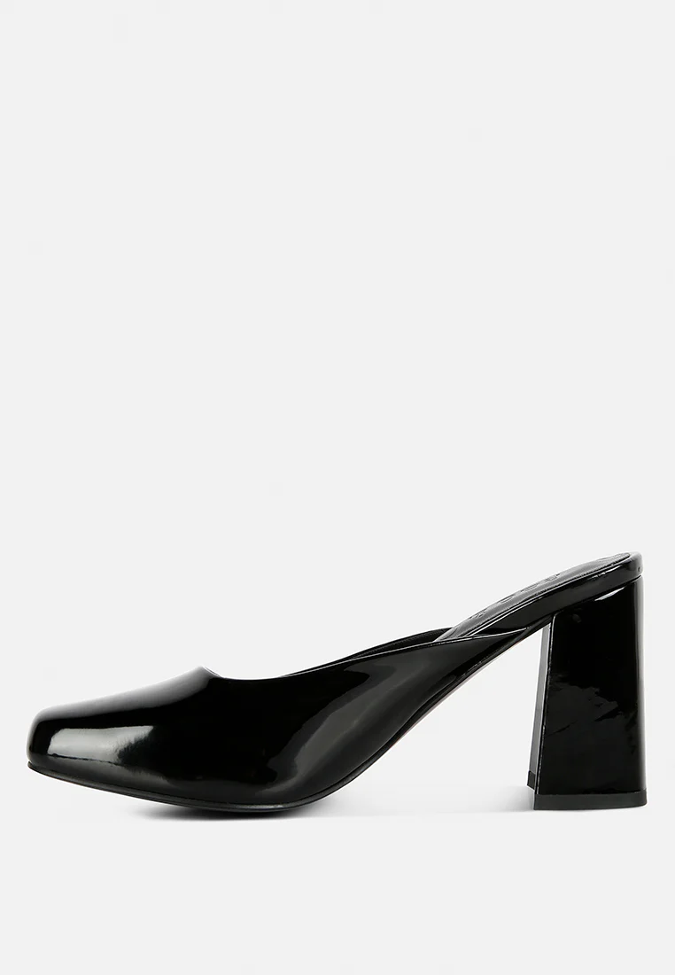 NEOPLAST Black Patent Faux Leather Block Heeled Mules - Image 3