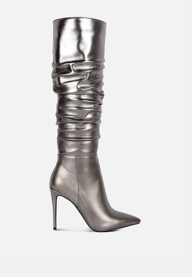 NEW-EXPRESSION Pewter Metallic Ruched Stiletto Knee Boots - Image 3
