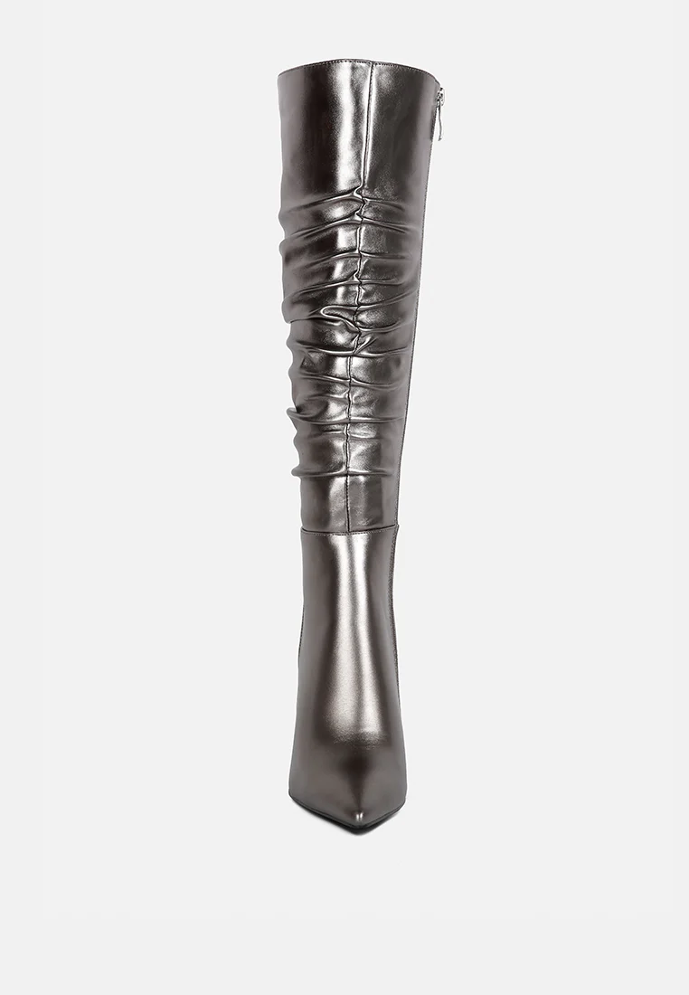 NEW-EXPRESSION Pewter Metallic Ruched Stiletto Knee Boots - Image 4