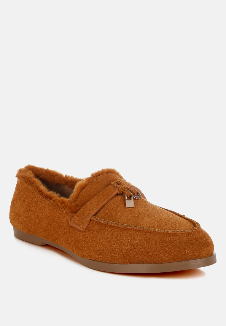 Ohrid Real Suede Leather & Faux Fur Flat Loafers - Image 2