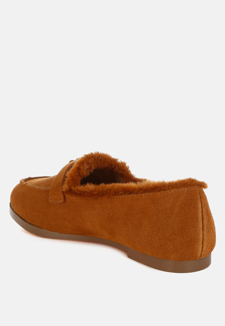 Ohrid Real Suede Leather & Faux Fur Flat Loafers - Image 3