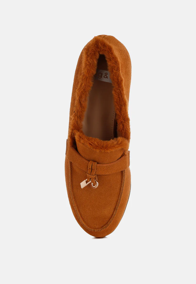 Ohrid Real Suede Leather & Faux Fur Flat Loafers - Image 4