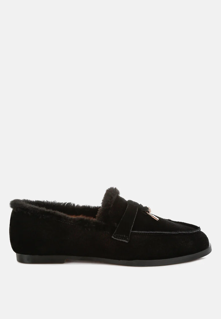 Ohrid Real Suede Leather & Faux Fur Flat Loafers - Image 6