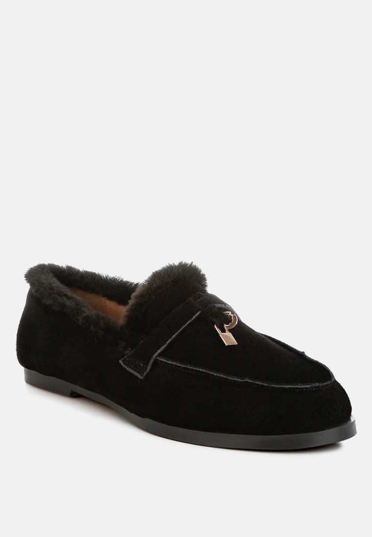 Ohrid Real Suede Leather & Faux Fur Flat Loafers - Image 7