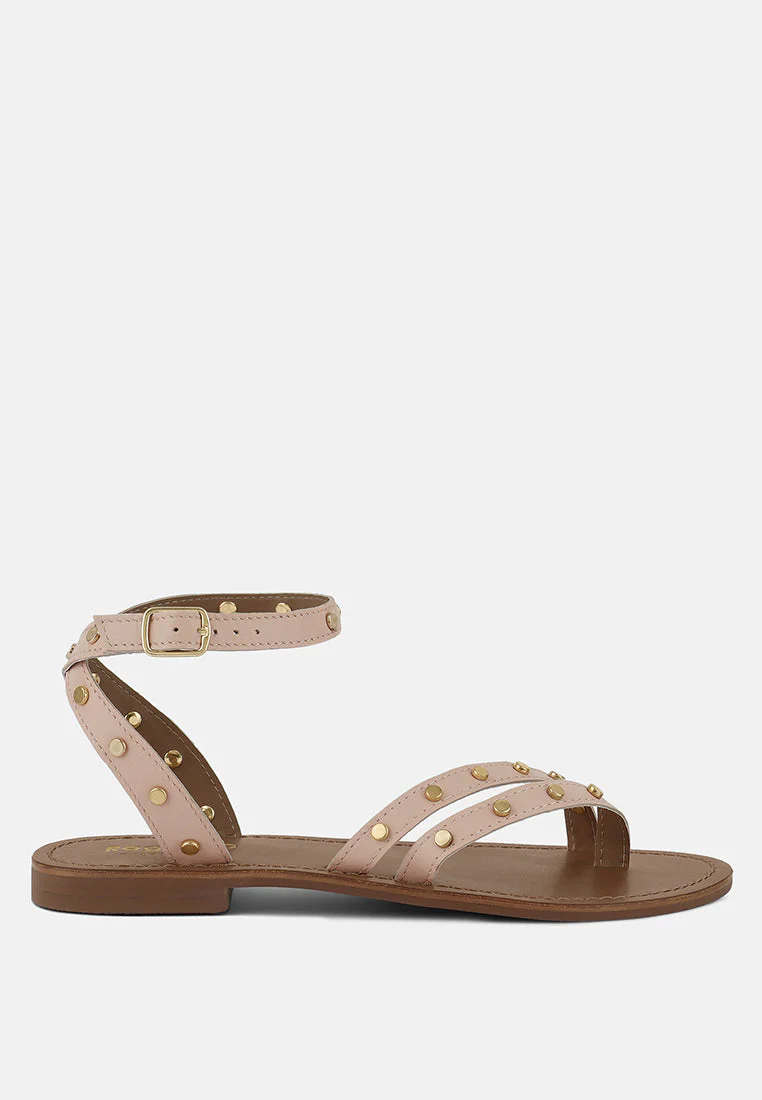 OPRAH Studs Embellished Flat Sandals in Beige - Image 2