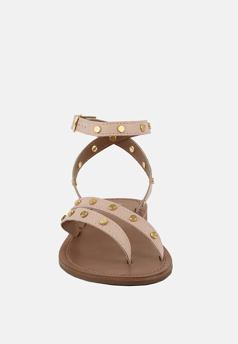 OPRAH Studs Embellished Flat Sandals in Beige - Image 3