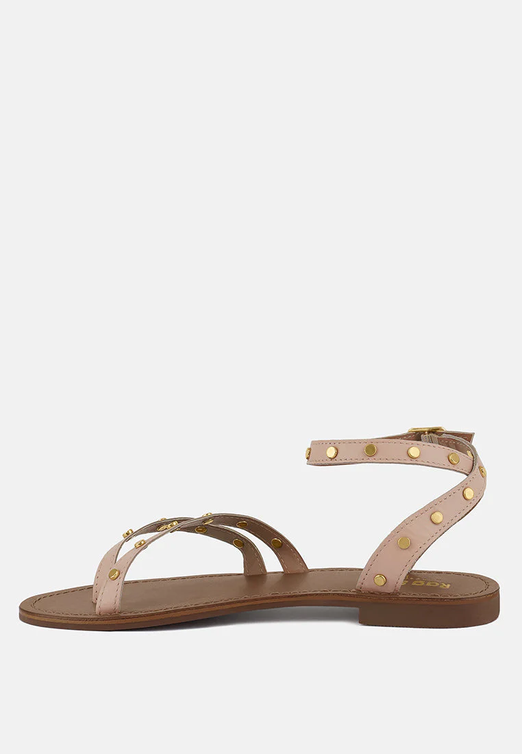OPRAH Studs Embellished Flat Sandals in Beige - Image 4