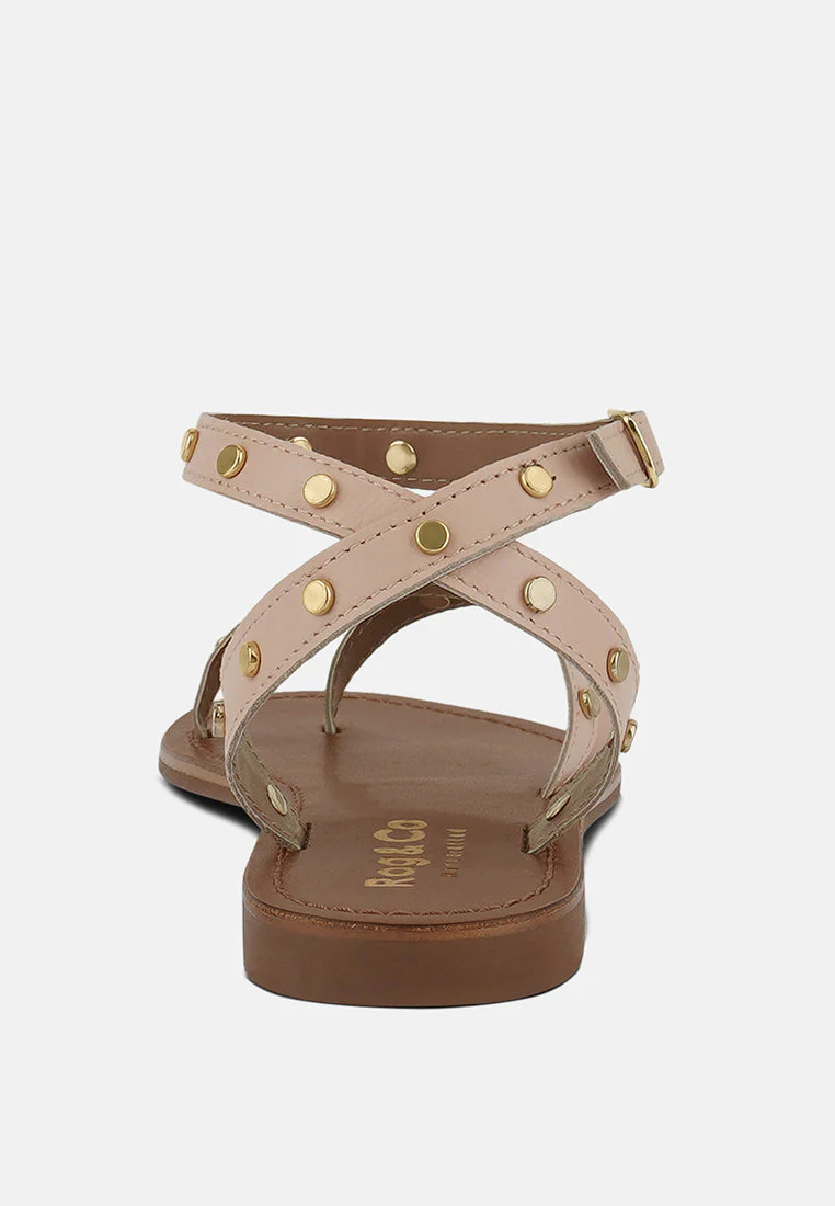 OPRAH Studs Embellished Flat Sandals in Beige - Image 5