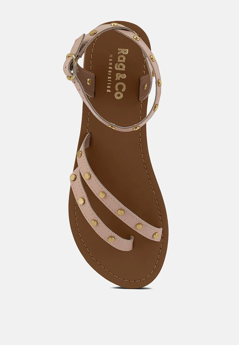 OPRAH Studs Embellished Flat Sandals in Beige - Image 7