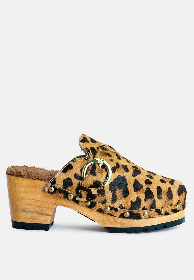 PRUNUS Leopard Buckled Suede Round Toe Mule Clogs - Image 2