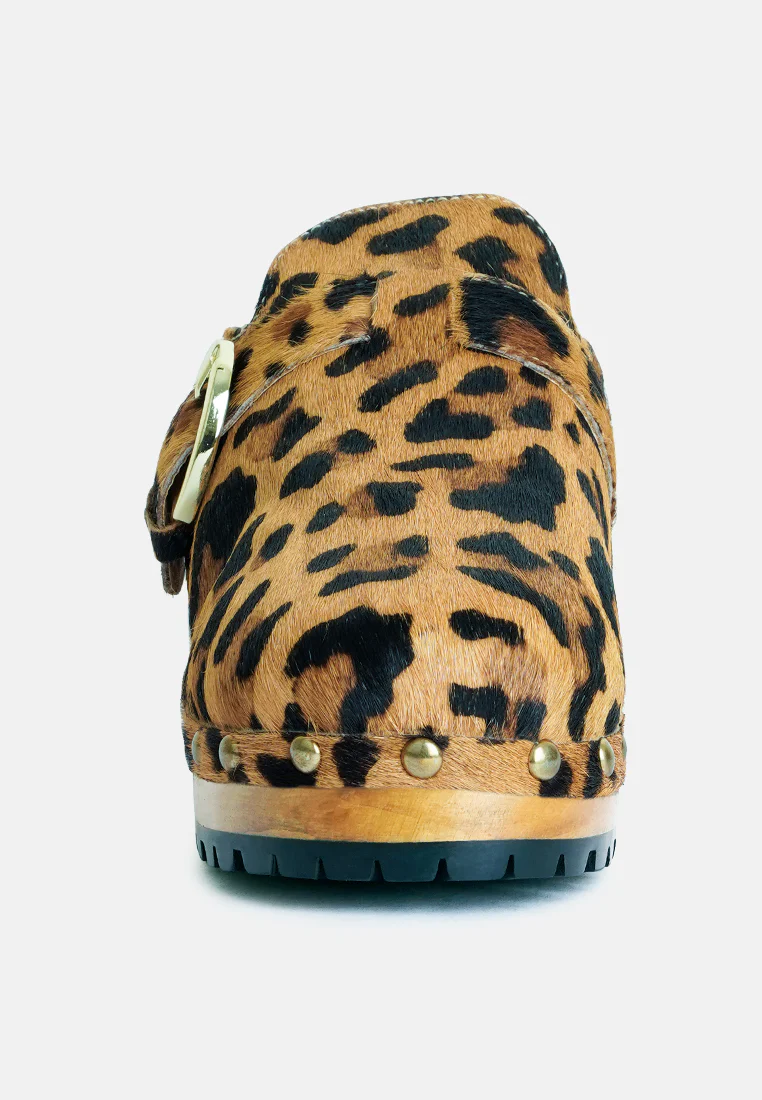 PRUNUS Leopard Buckled Suede Round Toe Mule Clogs - Image 3