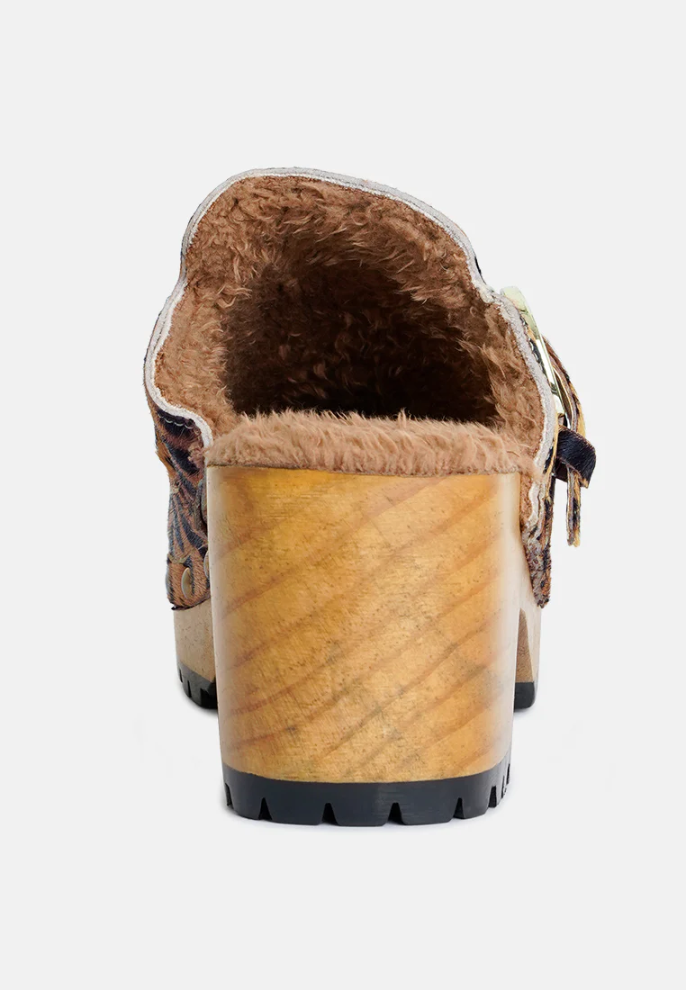 PRUNUS Leopard Buckled Suede Round Toe Mule Clogs - Image 5