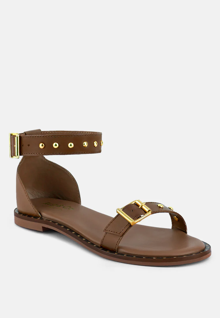 ROSEMARY Buckle Straps Tan Flat Sandals - Image 2