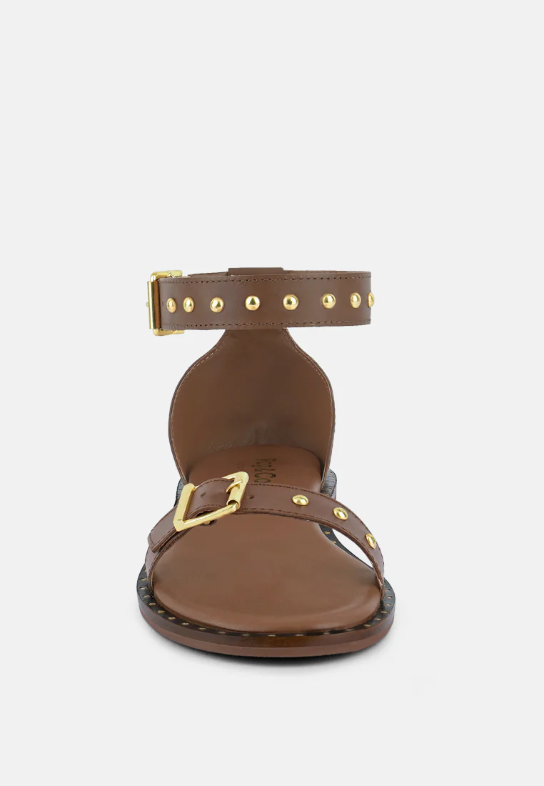 ROSEMARY Buckle Straps Tan Flat Sandals - Image 3
