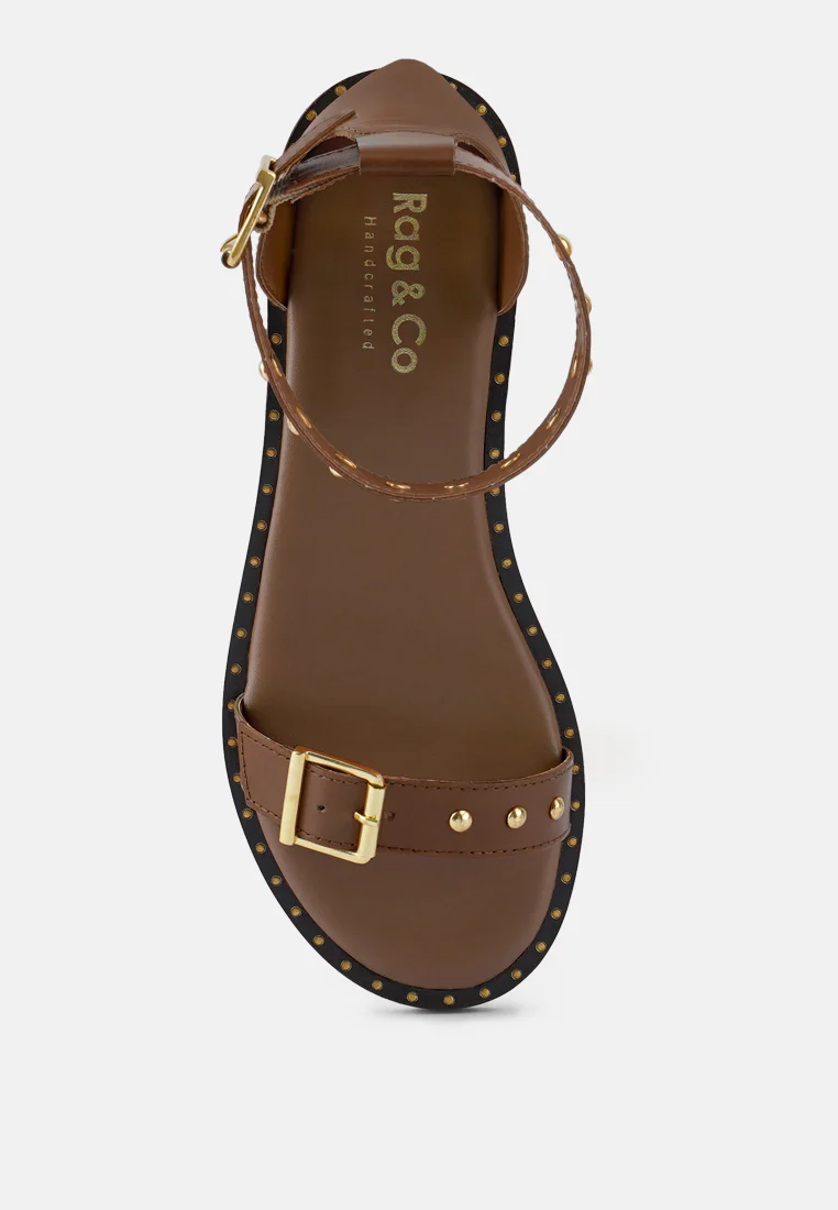 ROSEMARY Buckle Straps Tan Flat Sandals - Image 6