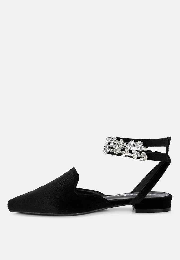 SALOME Black Embellished Ankle Strap Velvet Mules - Image 3