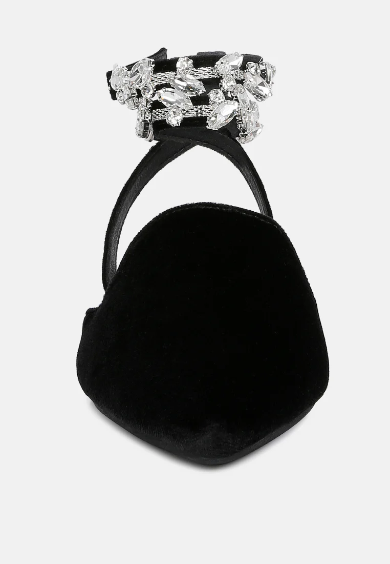 SALOME Black Embellished Ankle Strap Velvet Mules - Image 4