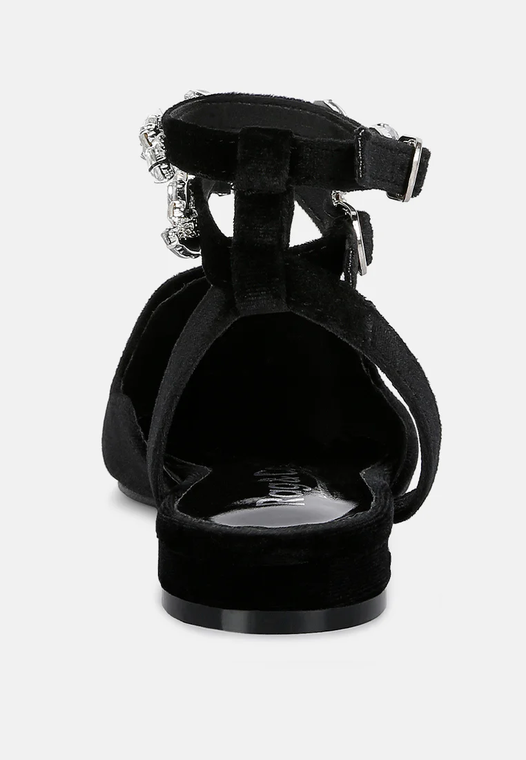 SALOME Black Embellished Ankle Strap Velvet Mules - Image 5
