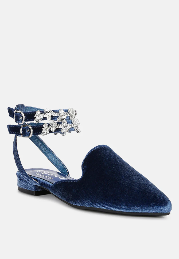 SALOME Blue Embellished Ankle Strap Velvet Mules - Image 2