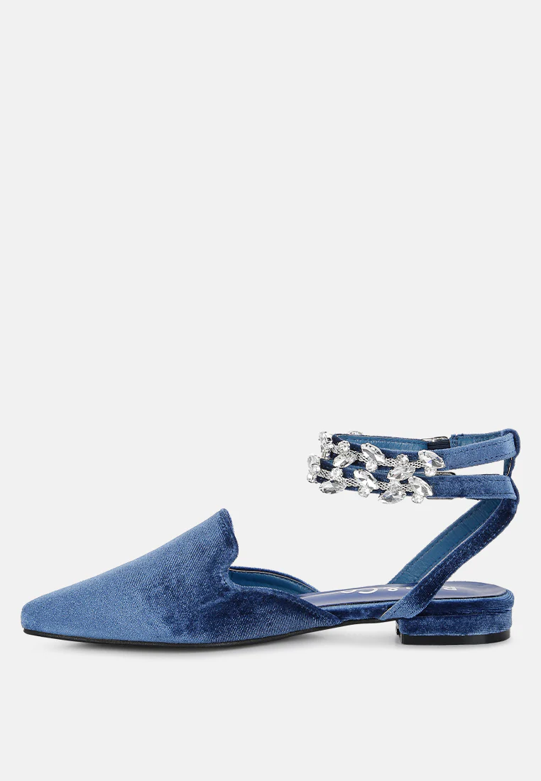 SALOME Blue Embellished Ankle Strap Velvet Mules - Image 3