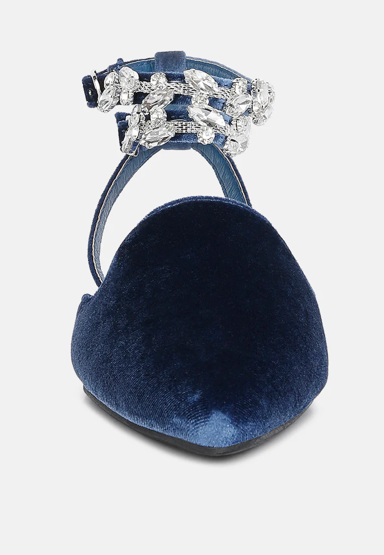 SALOME Blue Embellished Ankle Strap Velvet Mules - Image 4