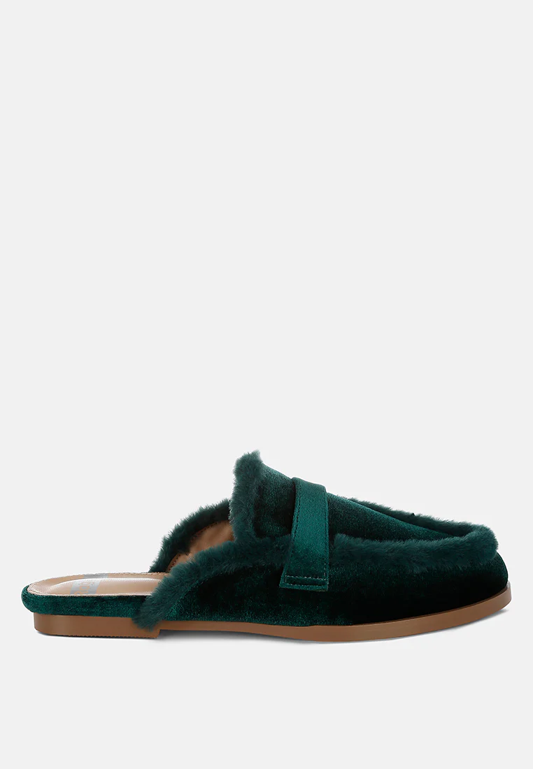 Seyhan Fur Detail Velvet Slip-On Mules