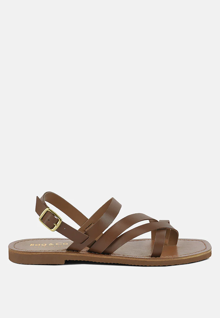 SLOANA Tan Strappy Flat Sandals - Image 2