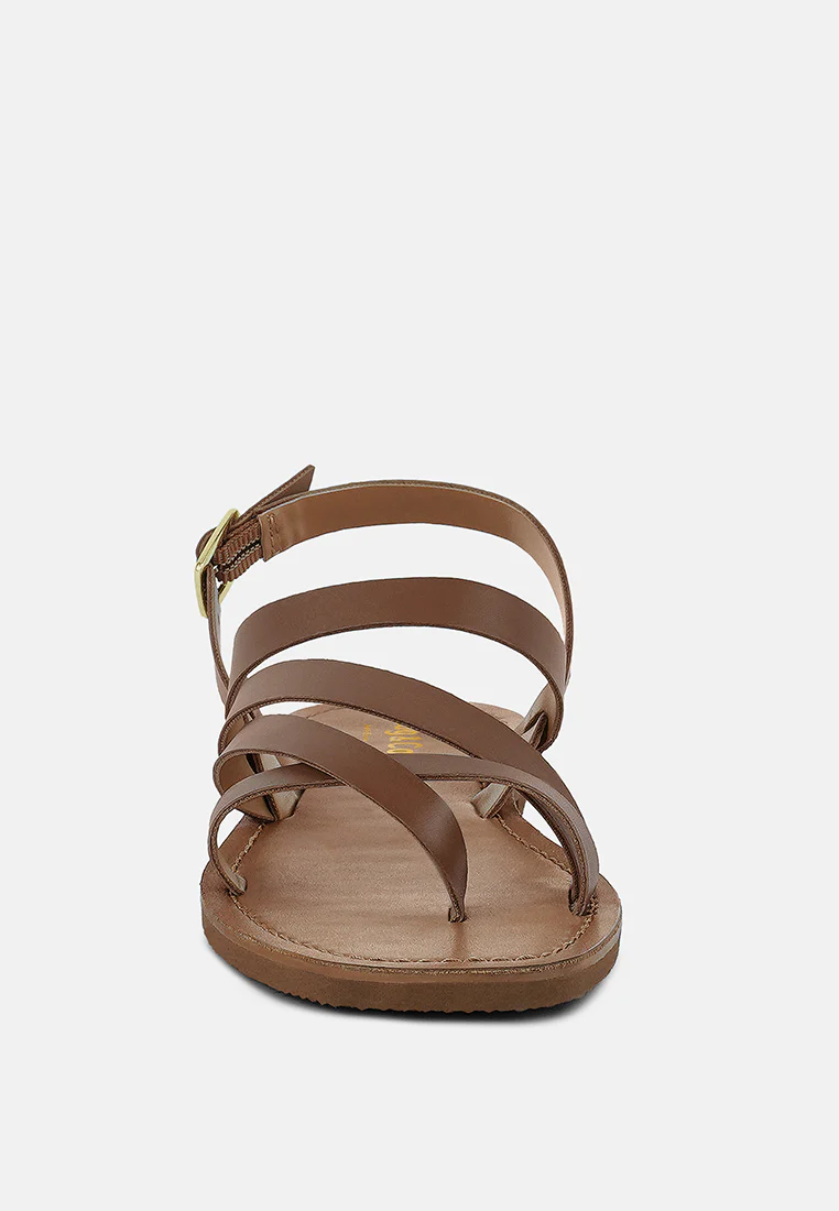 SLOANA Tan Strappy Flat Sandals - Image 3