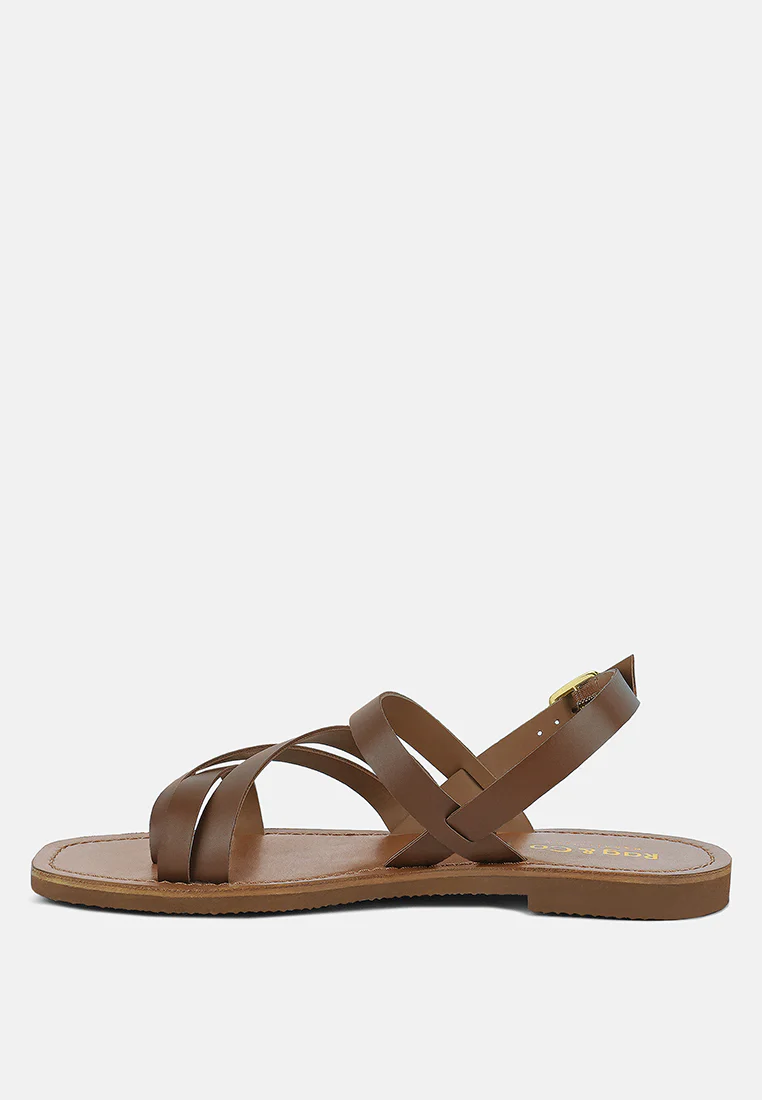 SLOANA Tan Strappy Flat Sandals - Image 4