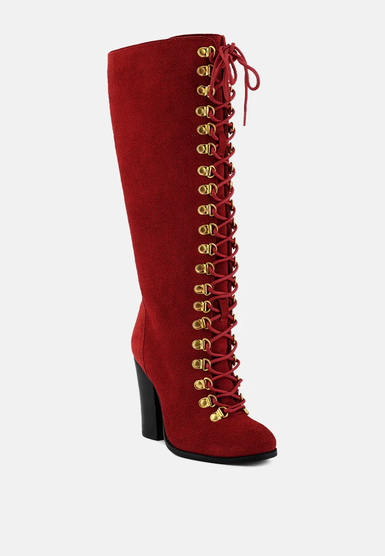 STREET-SLAY Antique Eyelets lace up Knee Boots In Red - Image 2