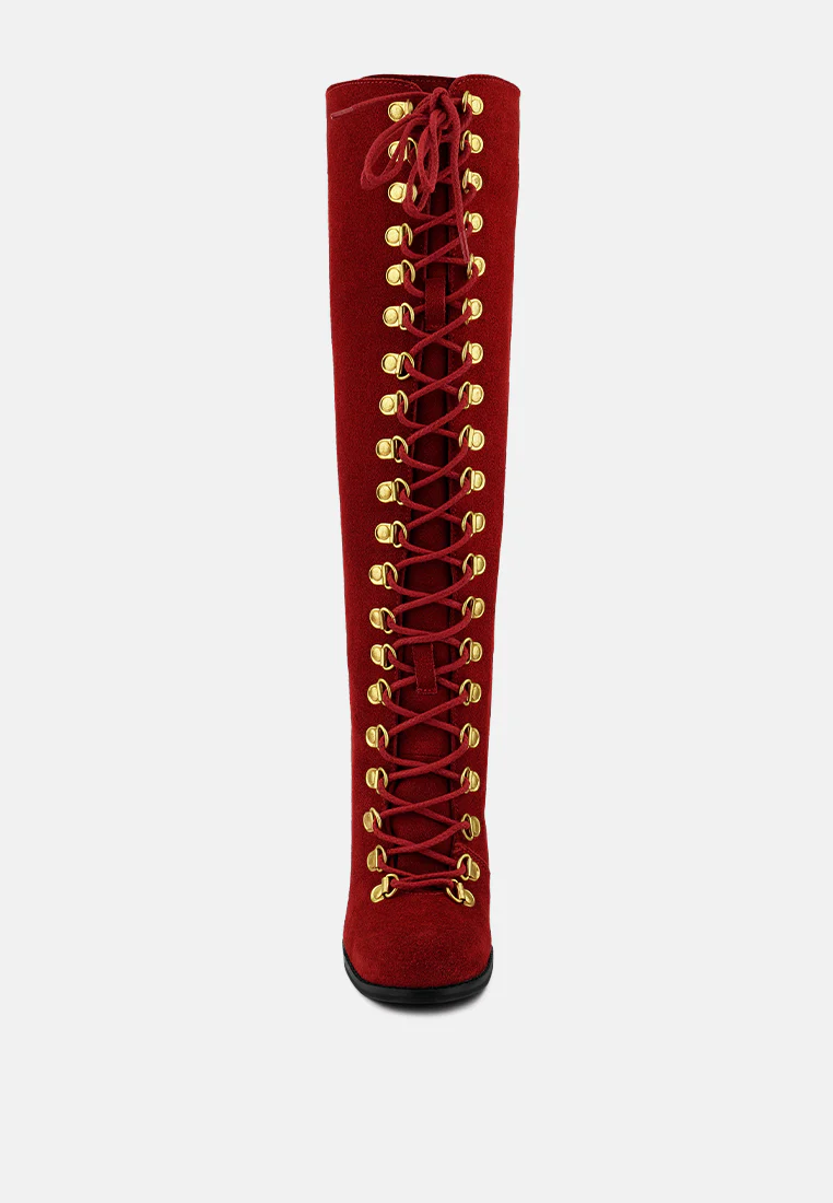 STREET-SLAY Antique Eyelets lace up Knee Boots In Red - Image 3
