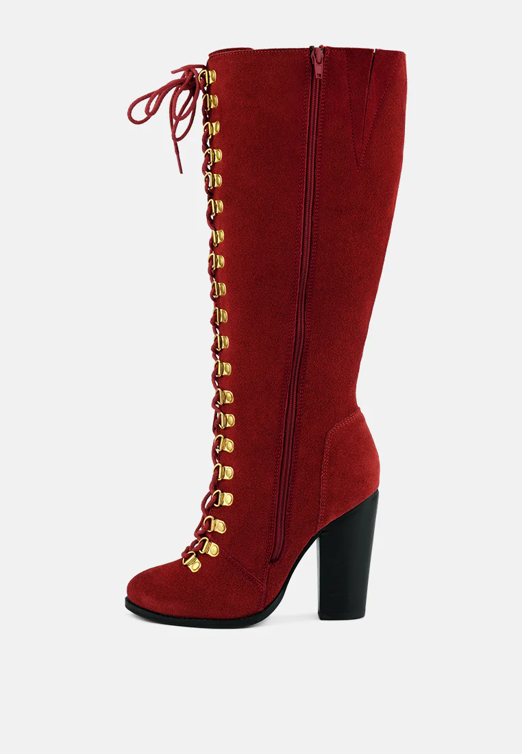 STREET-SLAY Antique Eyelets lace up Knee Boots In Red - Image 4