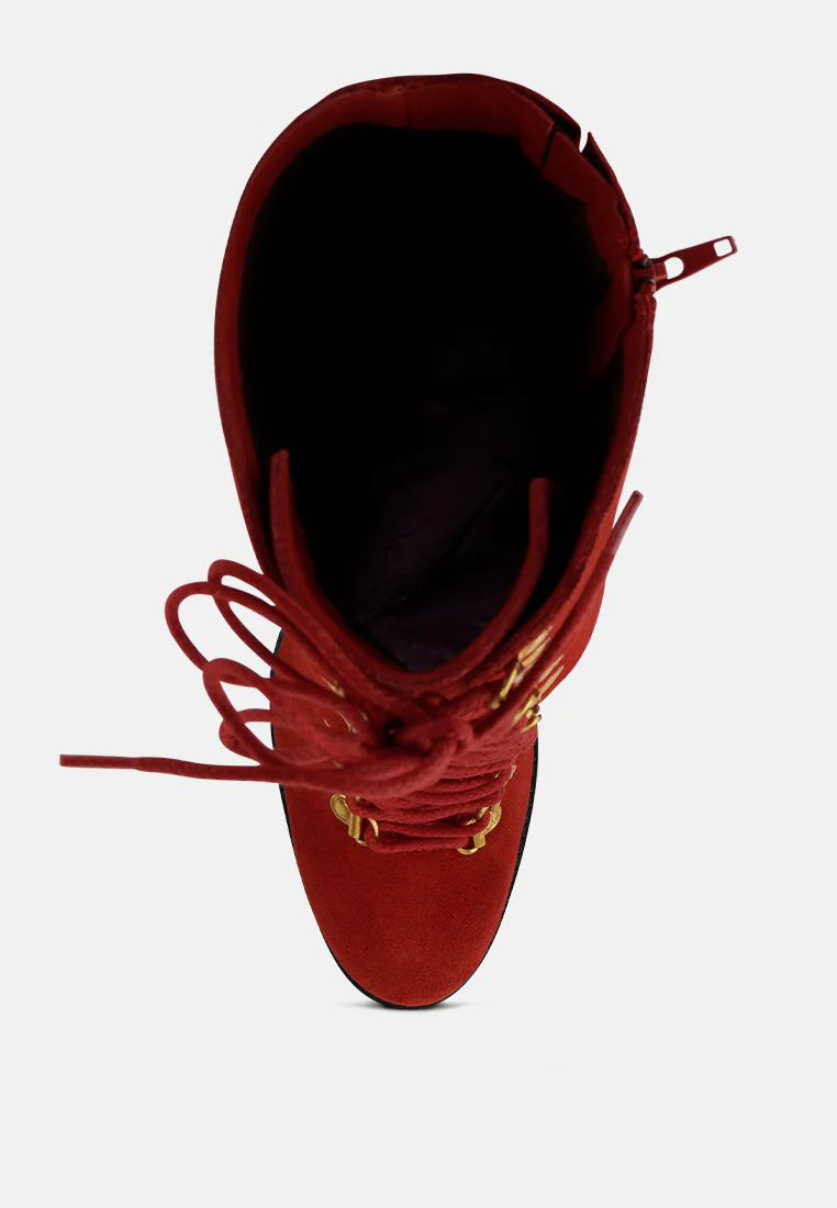 STREET-SLAY Antique Eyelets lace up Knee Boots In Red - Image 6