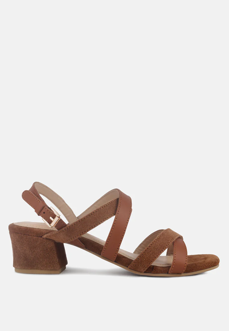 ASTRID Tan Mid Heeled Block Leather Sandal - Image 2