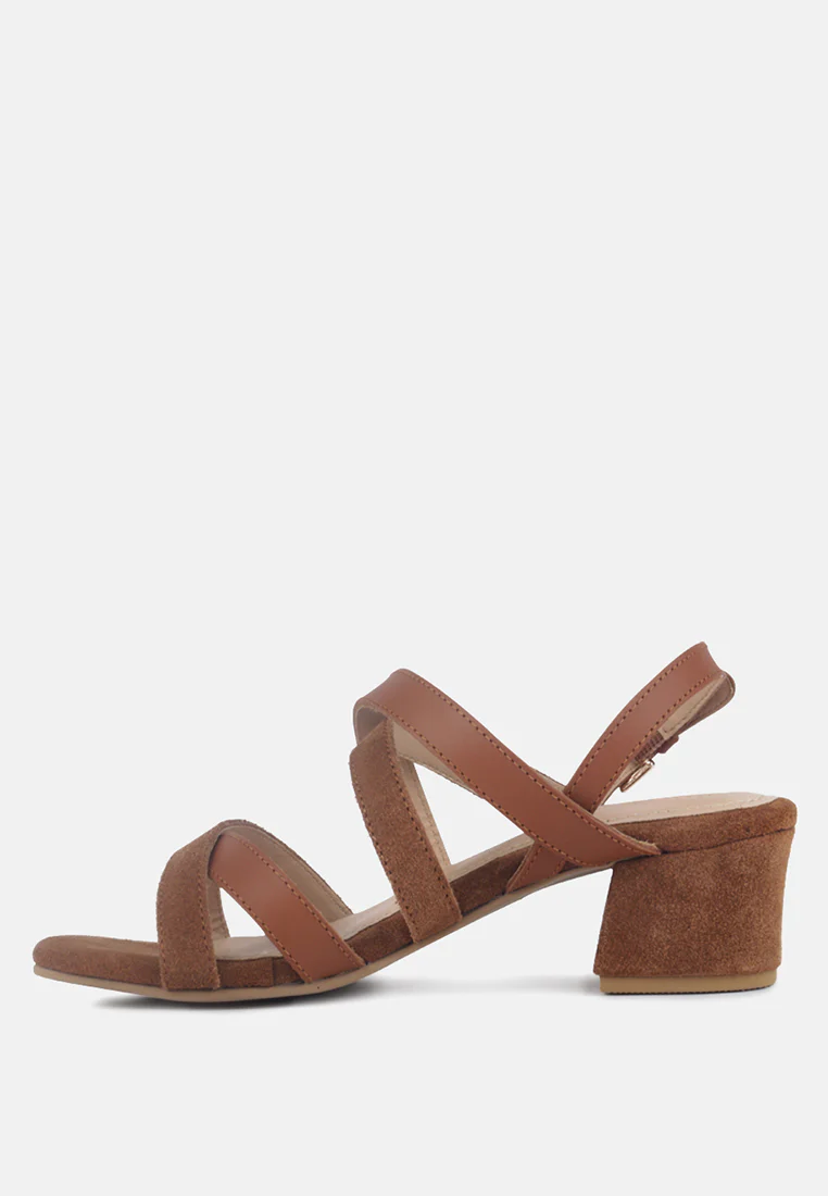 ASTRID Tan Mid Heeled Block Leather Sandal - Image 4